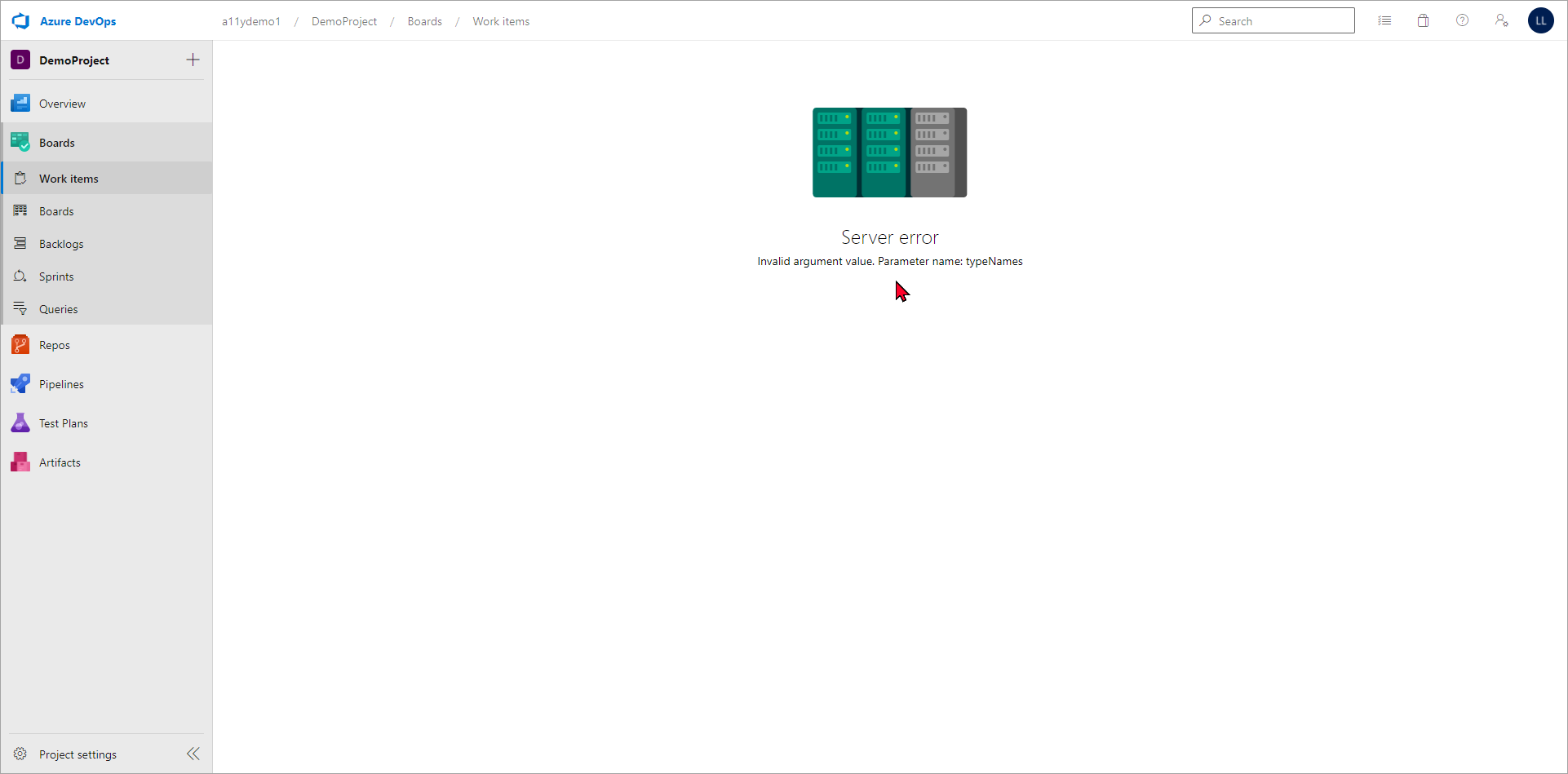 An Azure Boards Server Error page.