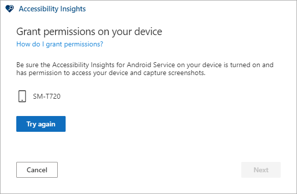 Screen shows the name of the connected device, instructions to turn on the service and grant permissions, and a "Try again" button