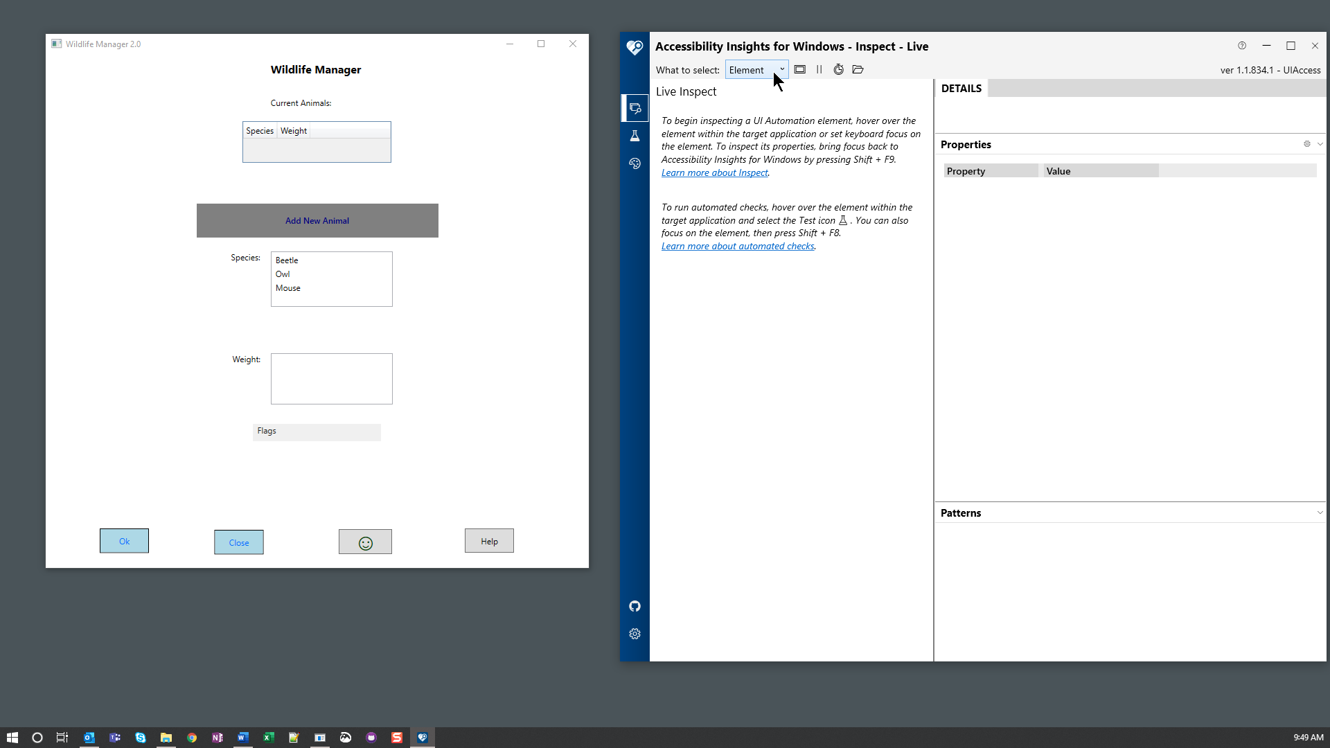 Screenshot showing the target application and Accessibility Insights for Windows