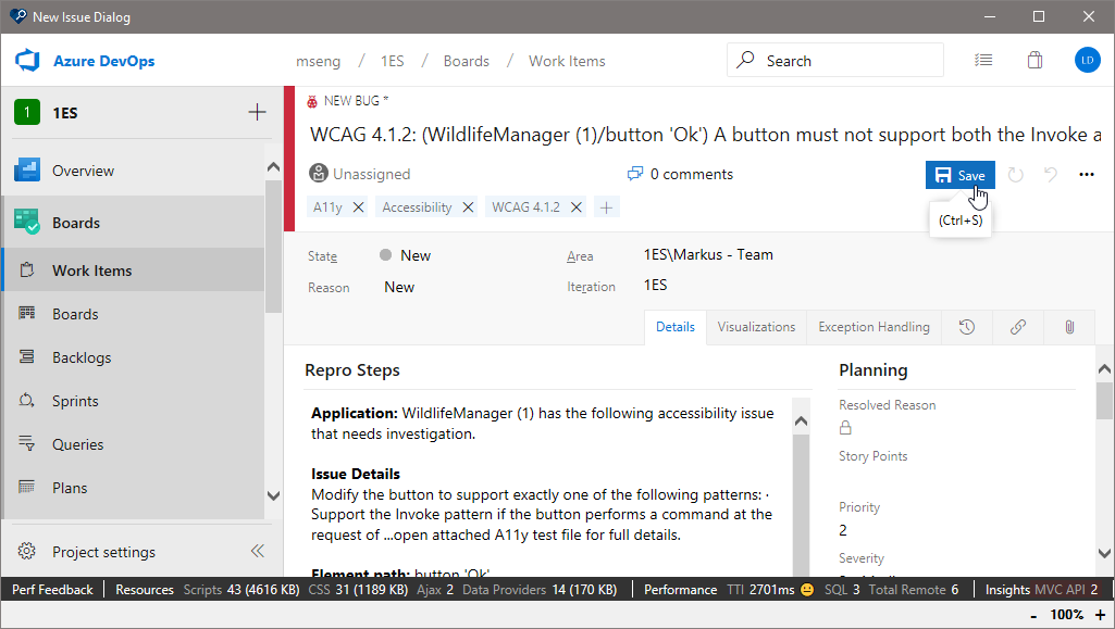 Screenshot showing a new issue in Azure Boards