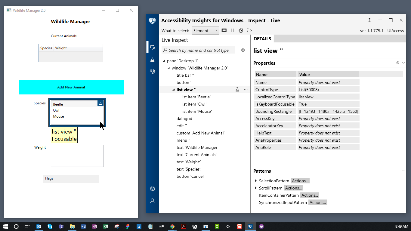 Target application with focused element visually highlighted element next to Accessibility Insights for Windows displaying the element's UI Automation properties