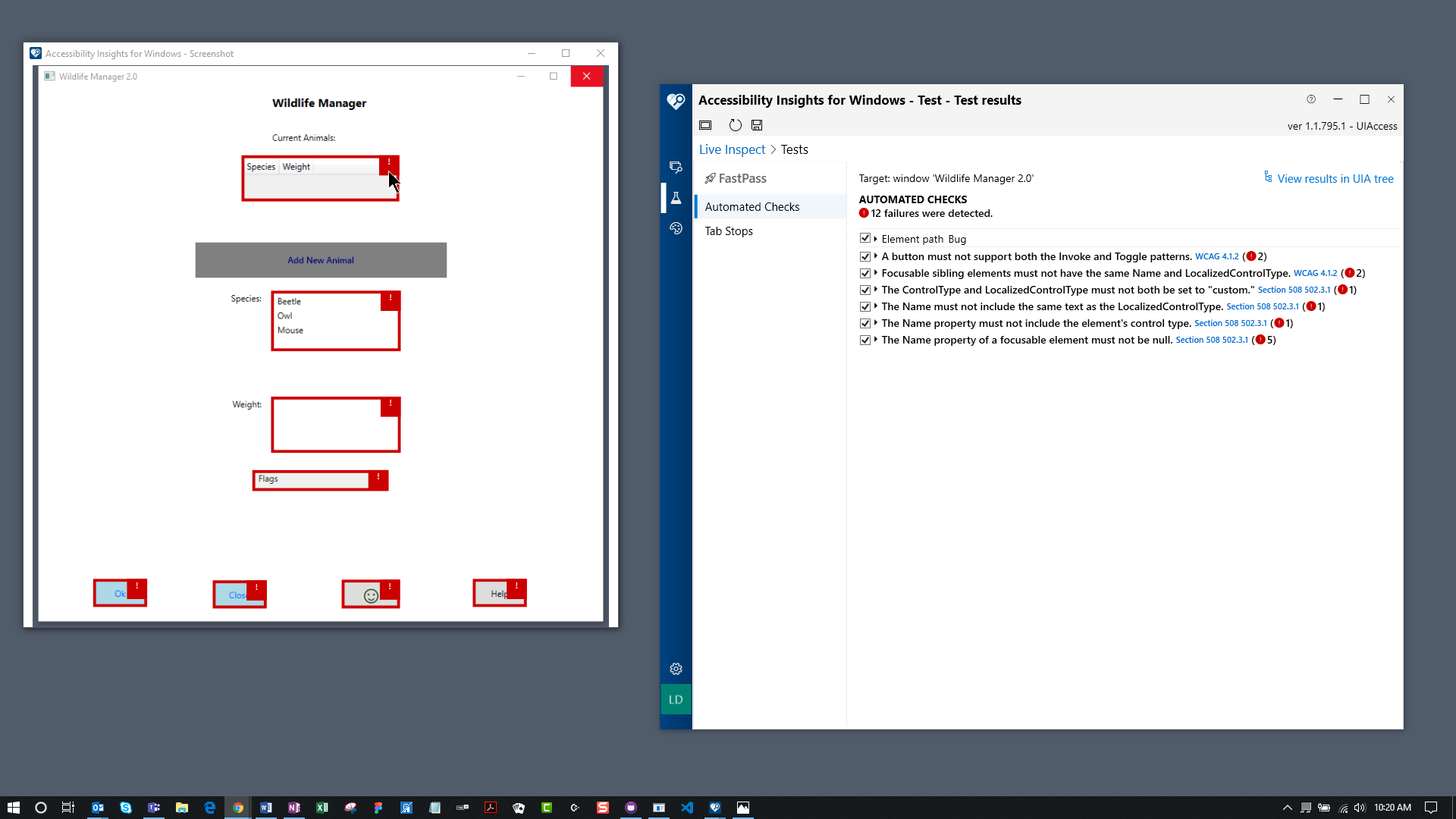 Screenshot showing failures highlighted in the target application and listed in Accessibility Insights for Windows